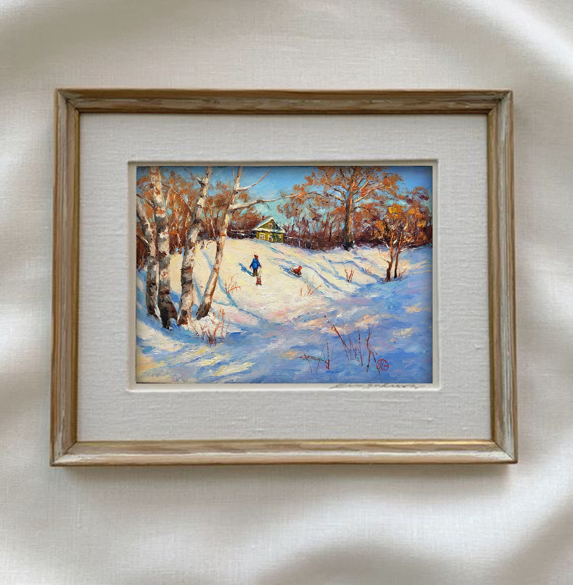 オリジナルの油絵。そりに乗った子供たちと冬の風景。ロシア印象派。村