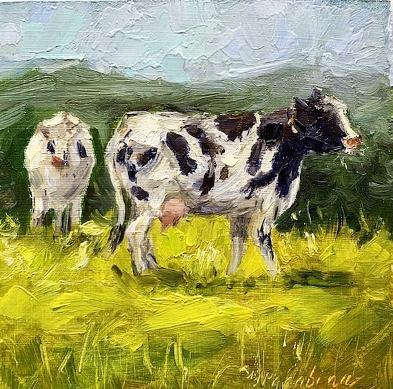 畑の牛 農場の動物 油絵 ミニチュア牛アート 斑点模様 小さな素朴な