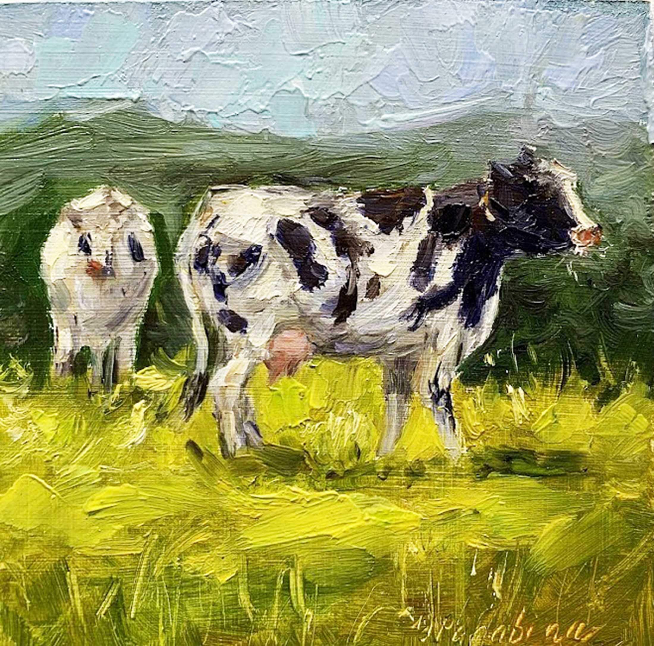 畑の牛 農場の動物 油絵 ミニチュア牛アート 斑点模様 小さな素朴な