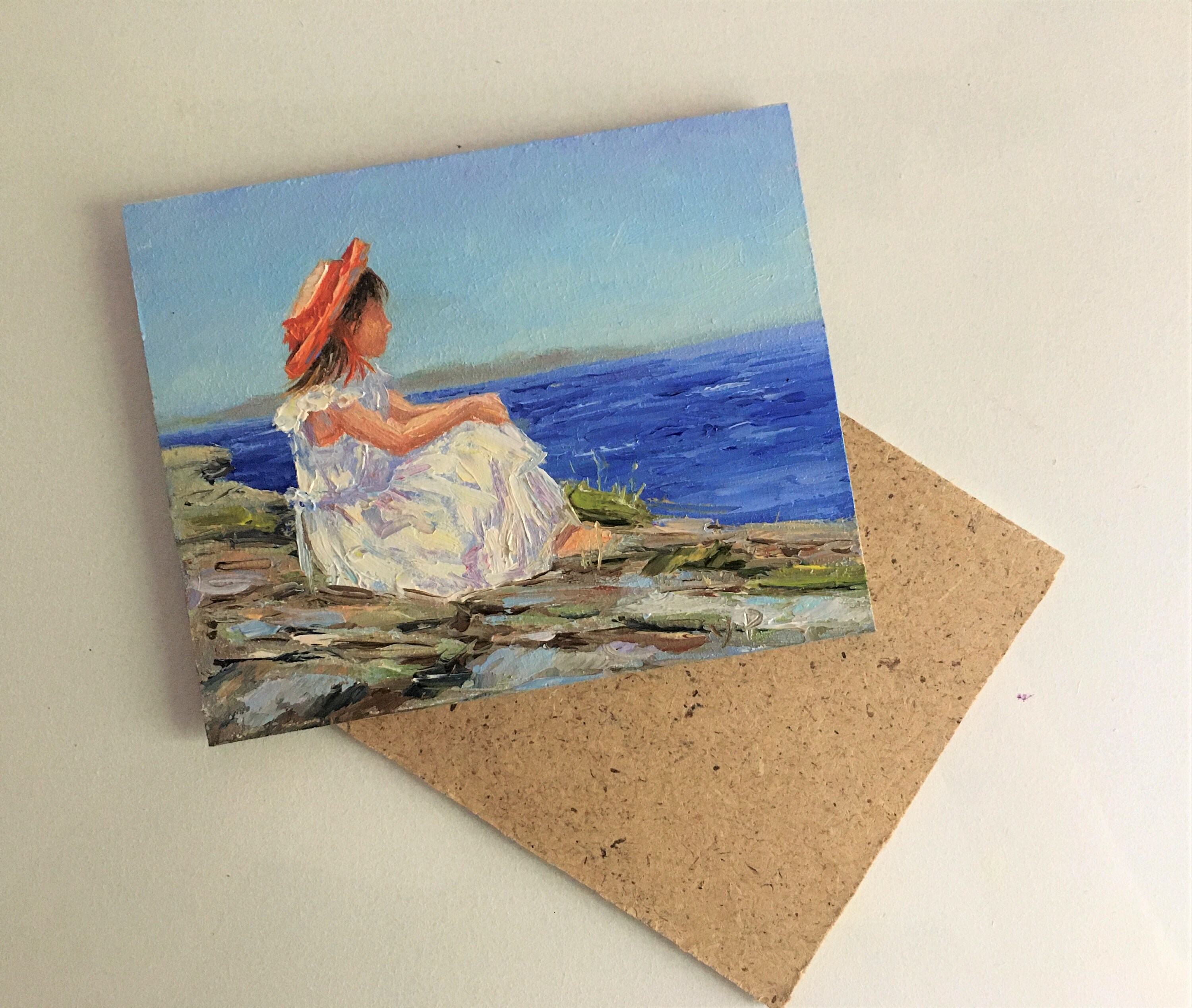 小さなオリジナル油絵、子供たちのいる海の風景、女の子のアート