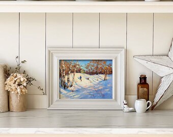 オリジナルの油絵。そりに乗った子供たちと冬の風景。ロシア印象派。村