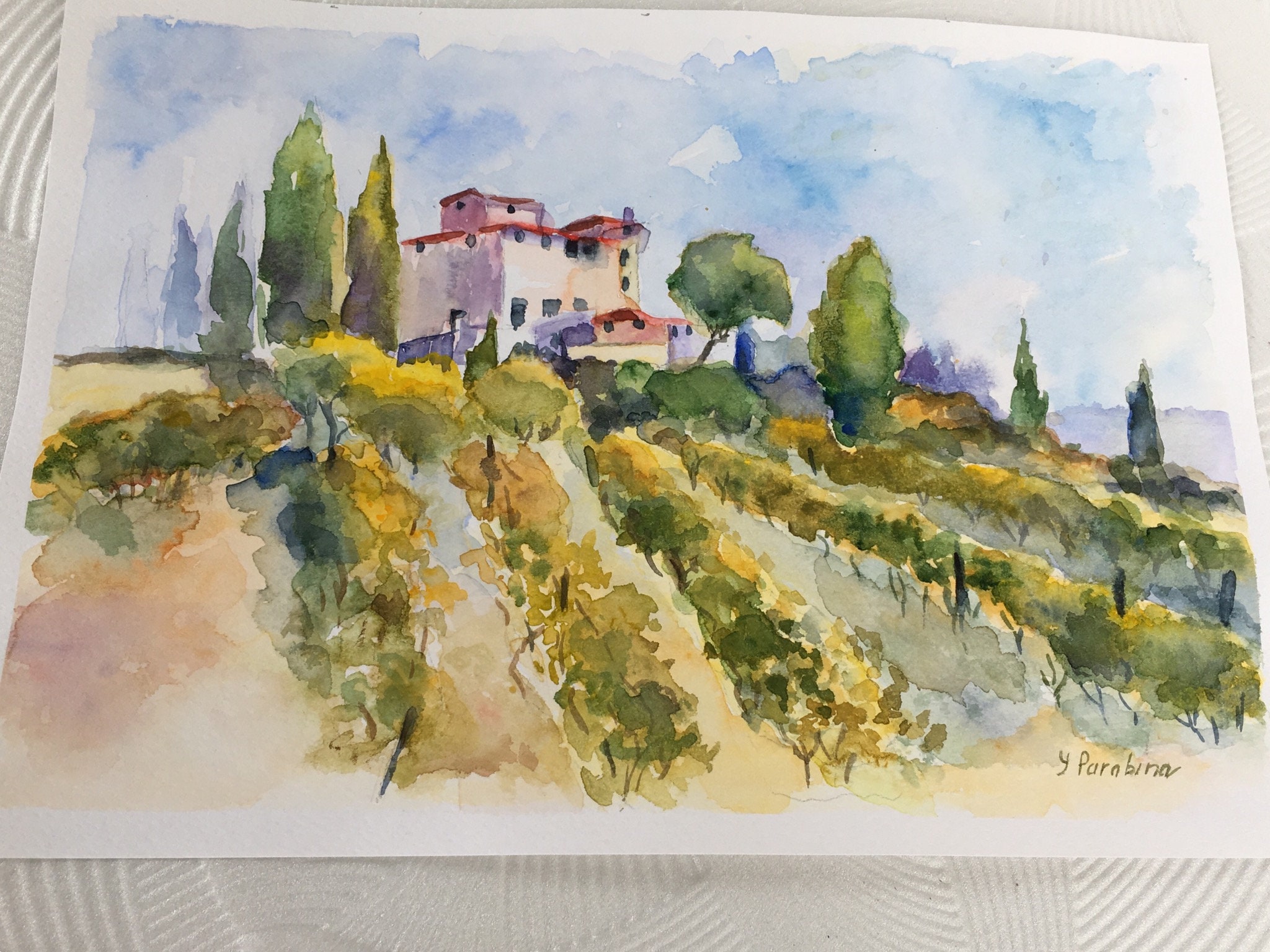 オリジナル水彩画/送料無料/イタリアの村の風景/トスカーナの絵画