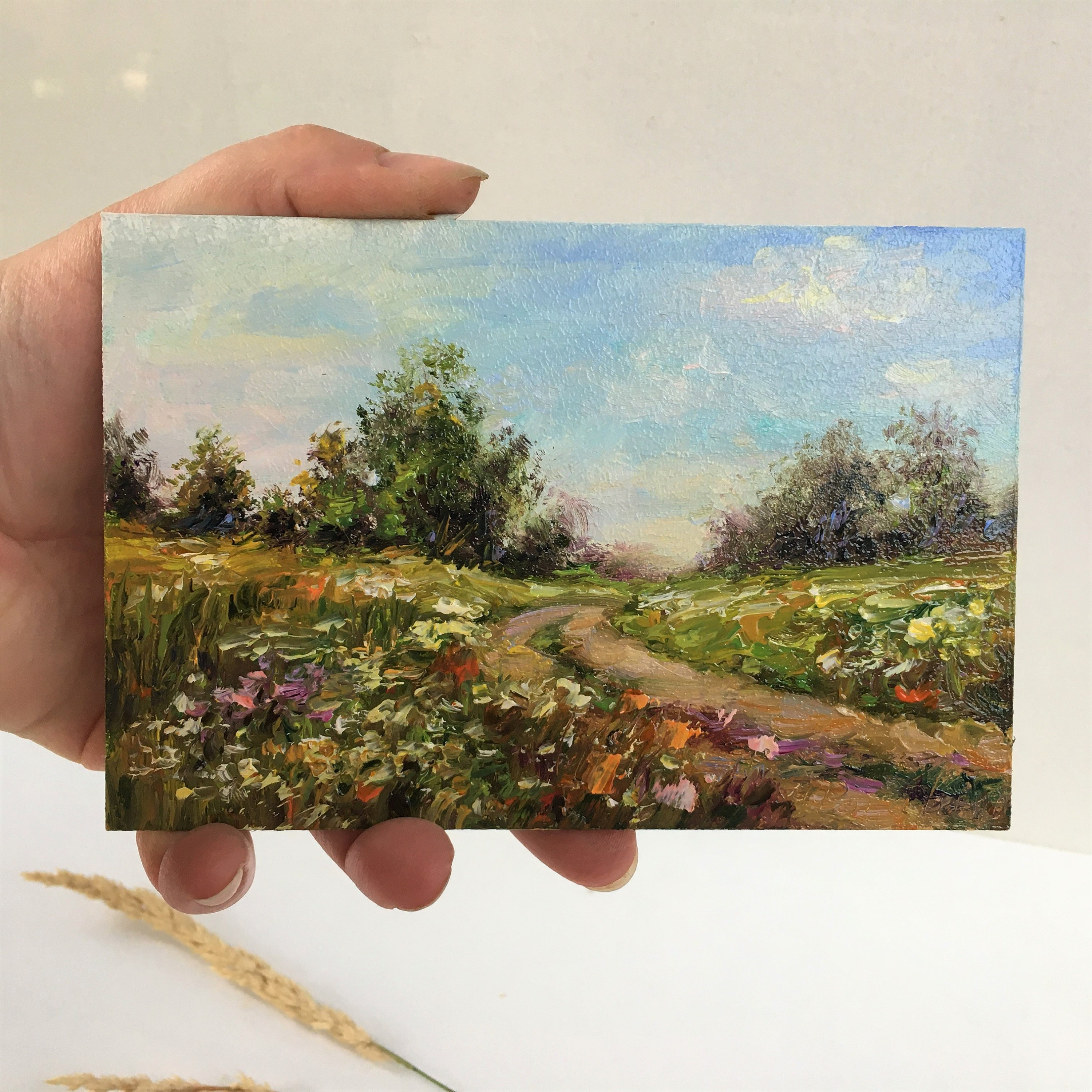 Landscape in oil pastels made on Kraft paper Painting by Yulia