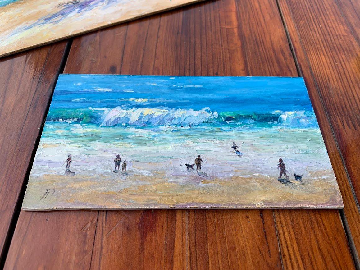 人々がいるビーチの風景油絵 海の波 海景 小さな海岸アート ミニチュア