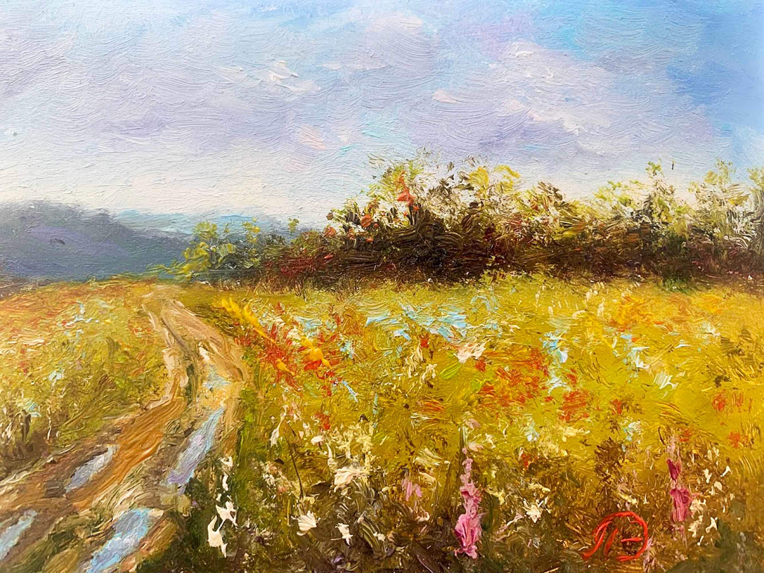 野花のある未舗装道路 油絵 風景画 ミニチュア 田舎 田舎風 牧草地