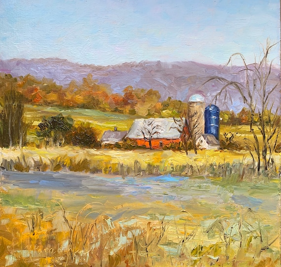 オリジナルの油絵。赤い納屋と給水塔のあるアメリカの風景。印象派の