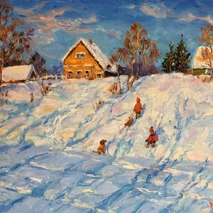 Winter scene with children Original oil painting Sledge Russian landscape Impressionism landscape Snow Painting Cityscape Art Сhildhood