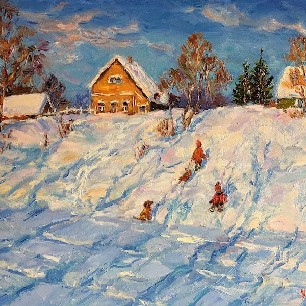 Scène d’hiver avec des enfants Peinture à l’huile originale Luge Paysage russe Paysage impressionniste Peinture de neige Paysage urbain Art Enfance