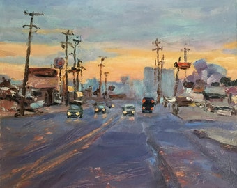 Cityscape Original oil painting Landscape Small wall art Road painting Highway Sunset painting in the city