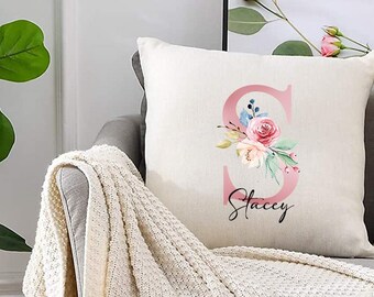 Personalised Water Colour Style Initial Name Cushion Cover, Ideal Birthday, Christmas gift for her