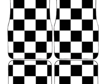 Personalised Custom White and Black Racing Flag Chequered Car Mats Vehicle Mats, Perfect Christmas Gift for Him or Her