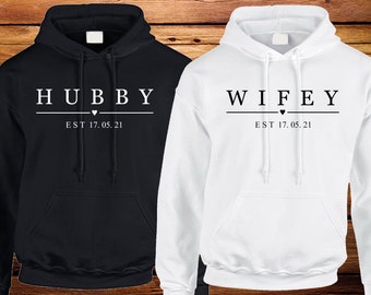 Personalised Women&#39;s & Men&#39;s Matching Couples Hoodie, Ideal Anniversary gift for him/her Wedding, Married, Husband and Wife Hoody Honeymoon