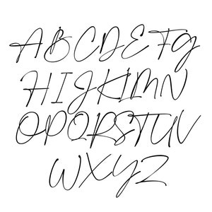 May include: Font uppercase alphabet in a handwritten style. The letters are written in a cursive script with a flowing, elegant look.