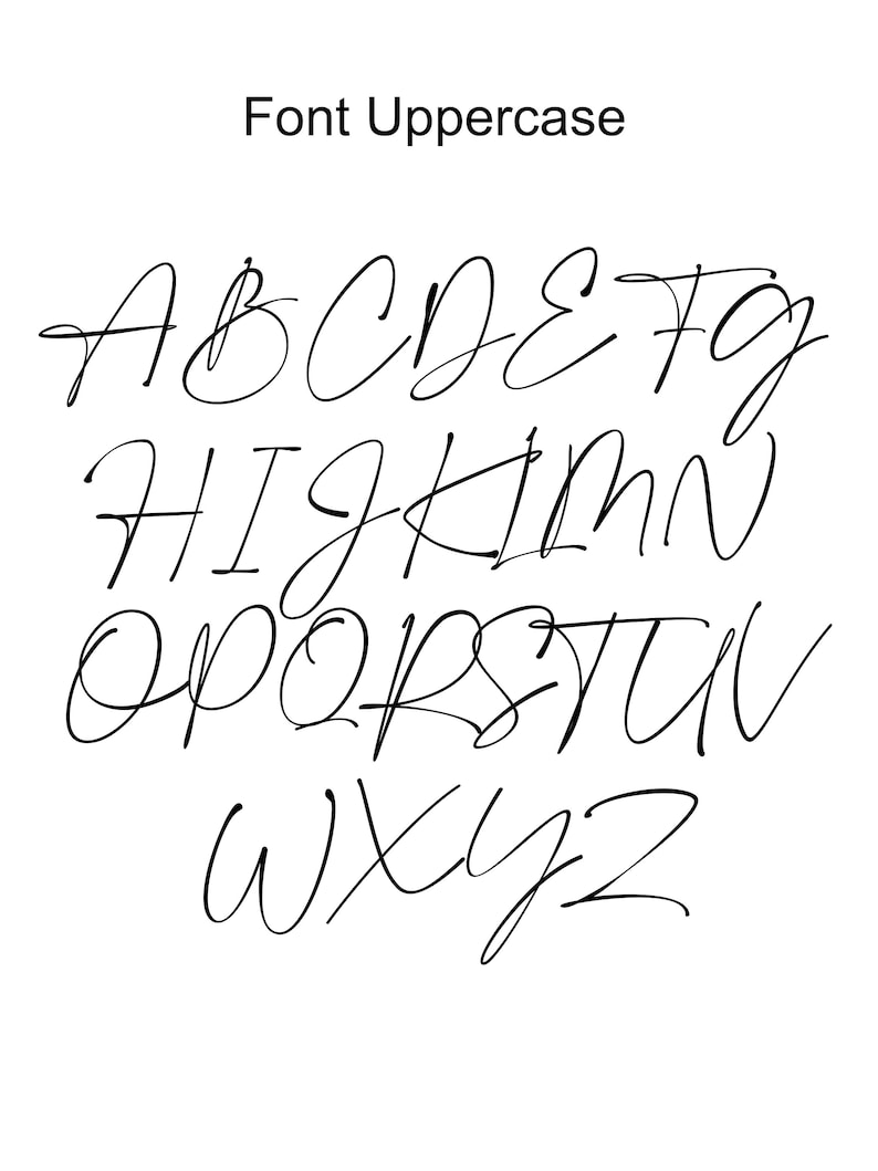 May include: Font uppercase alphabet in a handwritten style. The letters are written in a cursive script with a flowing, elegant look.