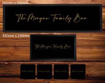 Personalised Bar Runner/Bar Mat/Beer Mat Barware for Man Cave or Home Bar, Gold Text, Ideal Gift For Him/Her