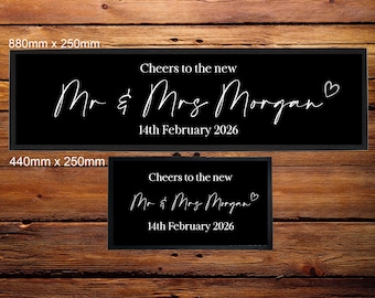 Personalised Wedding Reception Bar Runner/Bar Mat/Beer Mat Barware, 'Cheers to the new' design Runner with love heart