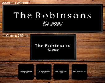 Personalised Wedding Family Name, Engagement Party Bar Runner/Bar Mat/Beer Mat Barware for Man Cave or Home Bar, Ideal Gift For Him/Her