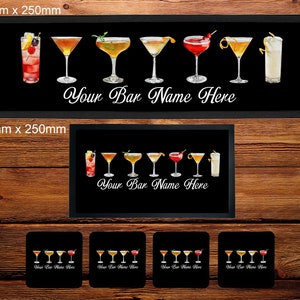 Personalised Watercolour Cocktails Drinks Bar Runner/Bar Mat/Beer Mat Barware for Man Cave or Home Bar, Ideal Gift For Him/Her