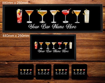 Personalised Watercolour Cocktails Drinks Bar Runner/Bar Mat/Beer Mat Barware for Man Cave or Home Bar, Ideal Gift For Him/Her