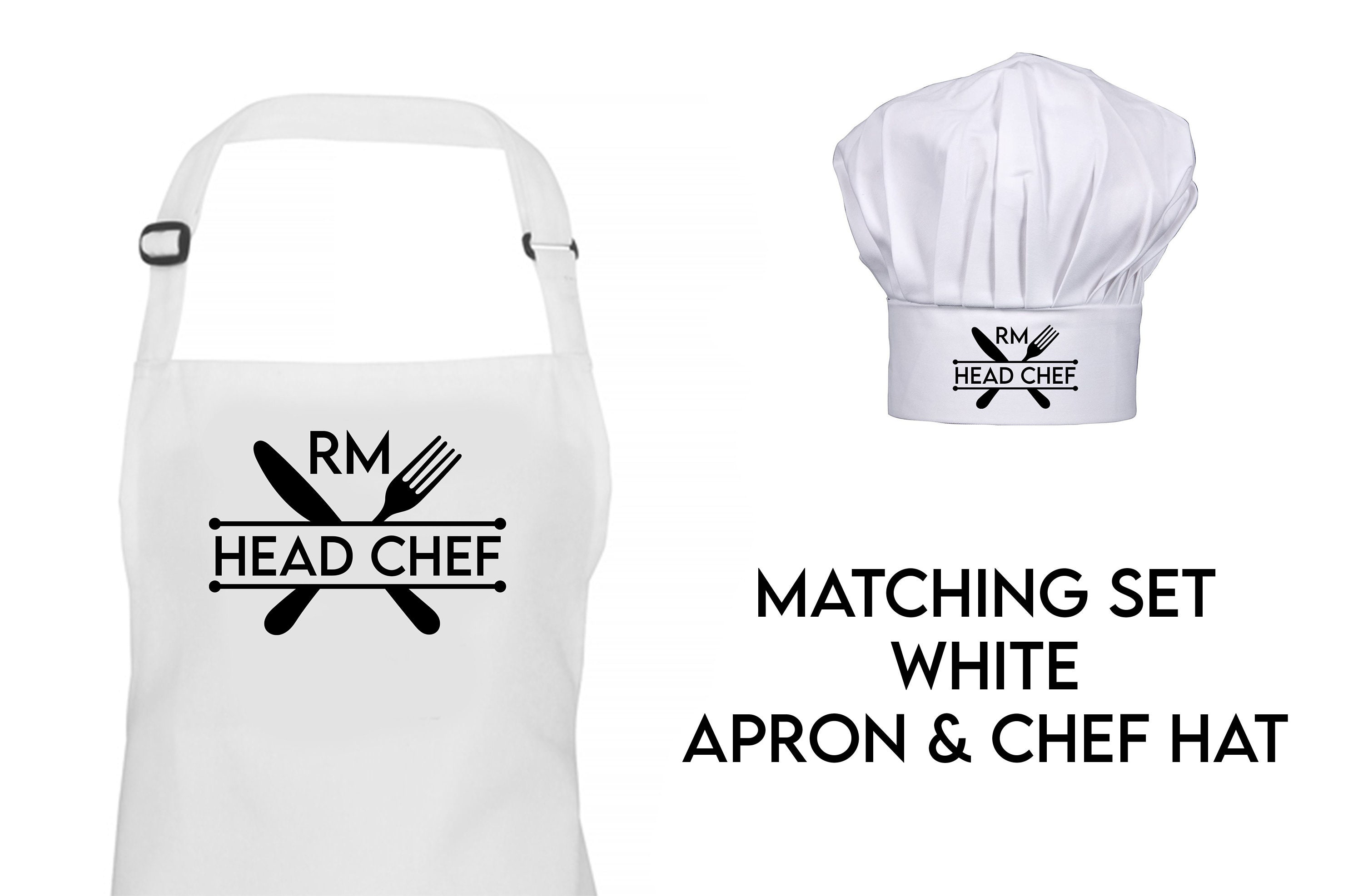 Gepersonaliseerde chef-kok bedrukte keukenschort set met slabbetje en koksmuts, ideaal cadeau voor hem/haar, bruiloft, jubileum, verjaardag of kerst