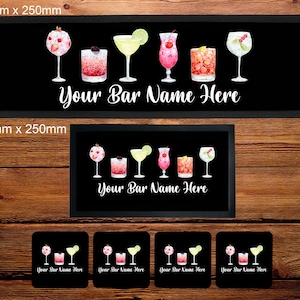 Personalised Watercolour Design Cocktails Bar Runner/Bar Mat/Beer Mat Barware for Man Cave or Home Bar, Ideal Gift For Him/Her