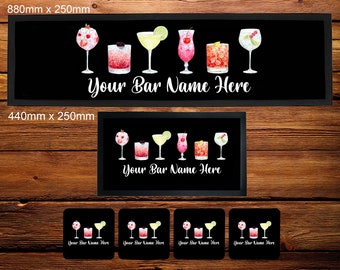 Personalised Watercolour Design Cocktails Bar Runner/Bar Mat/Beer Mat Barware for Man Cave or Home Bar, Ideal Gift For Him/Her