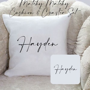 Personalised Name Cushion & Matching Coaster Set, Ideal gift for him/her
