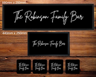 Personalised Bar Runner/Bar Mat/Beer Mat Barware for Man Cave or Home Bar, Family Bar runner, Ideal Gift For Him/Her