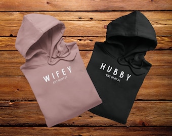 Personalised Women&#39;s & Men&#39;s Matching Couples Hoodie, Ideal Anniversary gift for him/her Wedding, Married, Husband and Wife Hoody Honeymoon