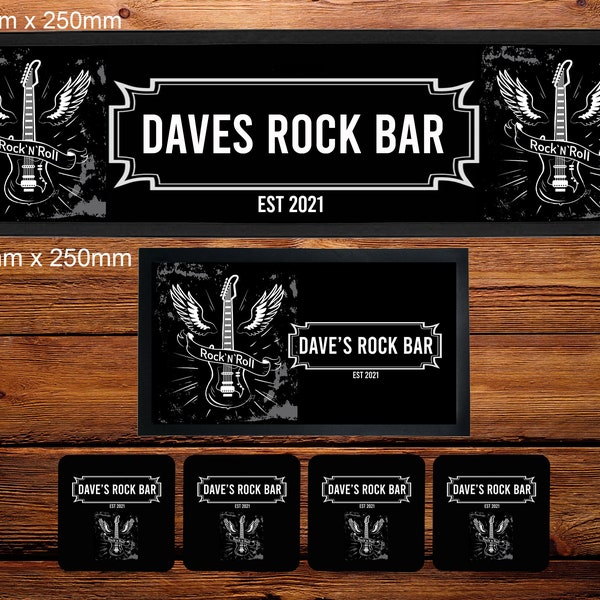 Personalised Rock n Roll Name Bar Runner/Bar Mat/Beer Mat Barware for Man Cave or Home Bar, Ideal Gift For Him/Her