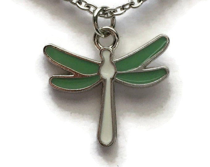 Green and White Dragonfly Charm Necklace on Stainless Steel Cable Chain Tibetan Silver Enamel Pendant Jewelry Handmade