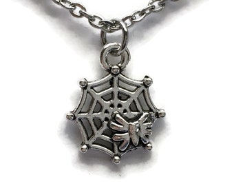 Spider Web Charm Necklace on Stainless Steel Cable Chain Tibetan Silver Halloween Scary Web Arachnid Pendant Jewelry Tarantula Gothic