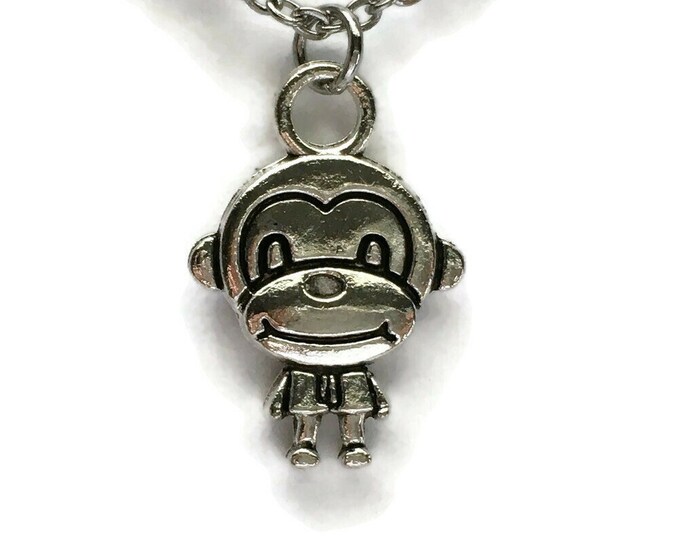 Monkey Necklace on Stainless Steel 18" Cable Chain Tibetan Silver Charm Animal Ape Handmade Pendant Jewelry