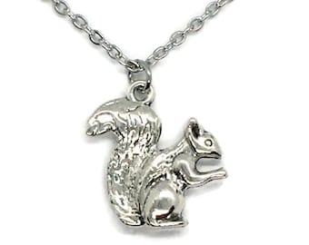 Squirrel Charm Necklace on Stainless Steel Cable Chain Tibetan Silver Animal Tree Nature Pet Rodent Nut