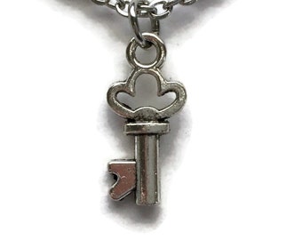 Skeleton Key Necklace Charm on Stainless Steel Cable Chain Tibetan Silver Handmade Pendant Jewelry