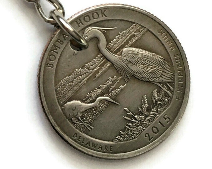 2015 Delaware Quarter Keychain Handmade Bombay Hook National Wildlife Refuge - Parks and Recreation - Stainless Steel Coin Key chain