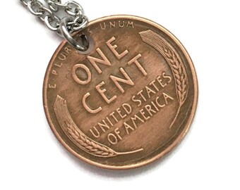 Lucky US Wheat Penny Necklace - OOAK Jewelry - Pennies from Heaven - BOHO - Gothic - Vintage - Stainless Steel - Birth Year Gift - Money
