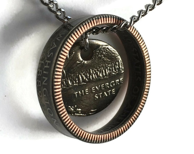2007 Washington State Quarter Coin Ring Necklace with Center Punch on Stainless Steel Curb Chain - Antiqued
