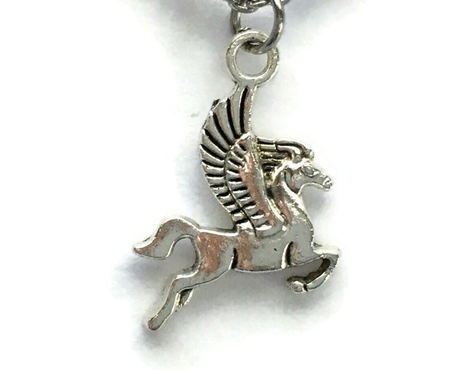 Flying Pegasus Pendant Necklace on Stainless Steel Cable Chain Tibetan Silver charm Handmade Flying Horse Mythical Fantasy