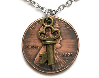 1959-2008 Handmade Lucky Lincoln Penny with Bronze-Color Skeleton Key Necklace Jewelry Birth Year Pennies from Heaven Stainless Steel Copper