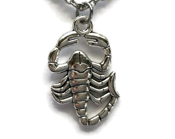 Scorpio Zodiac Necklace on Stainless Steel Cable Chain Tibetan Silver Horoscope Scorpion Bug Arachnid