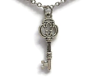 Skeleton Key Necklace Charm on Stainless Steel 18" Cable Chain Handmade Tibetan Silver Jewelry