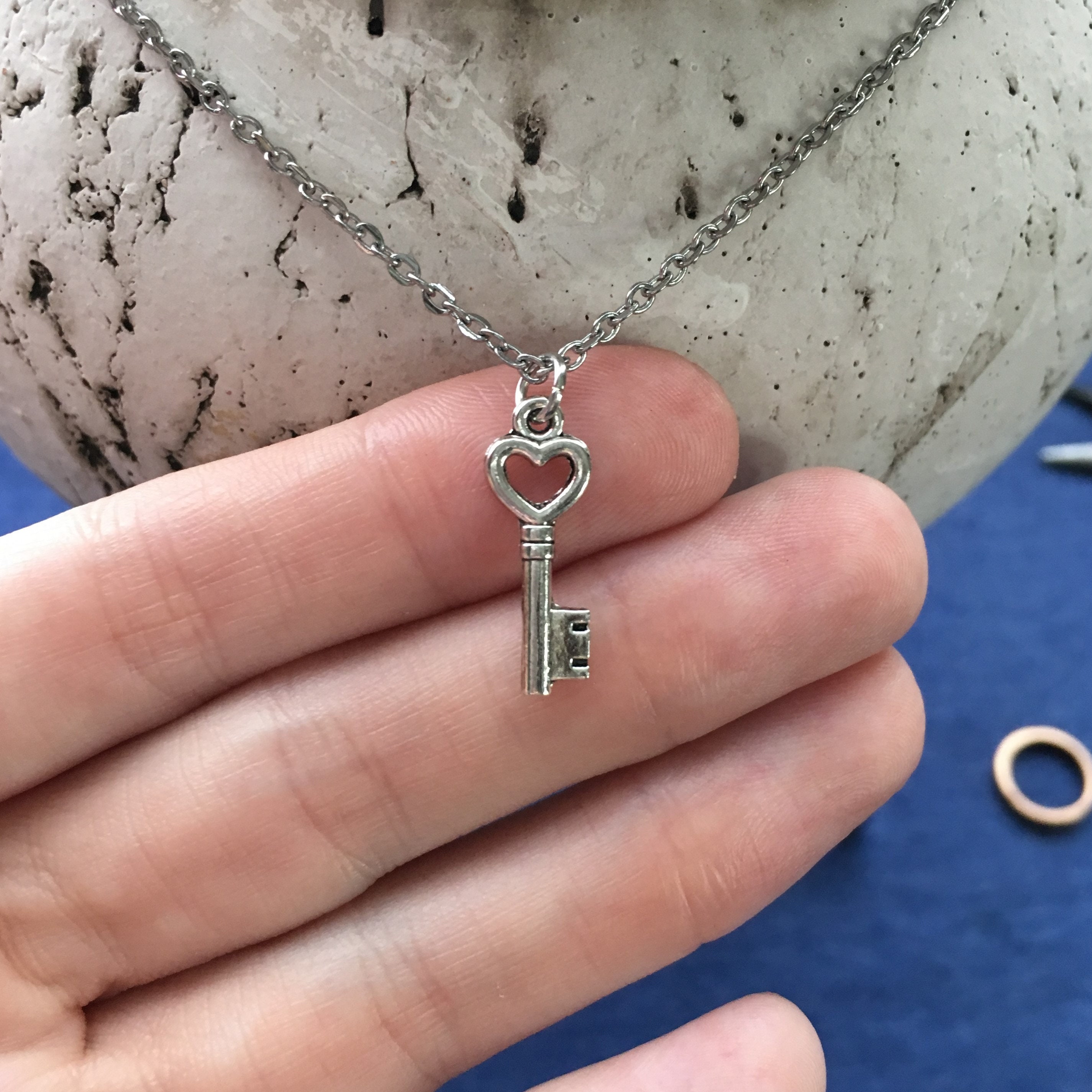 Heart Skeleton Key Necklace Charm on Stainless Steel 18