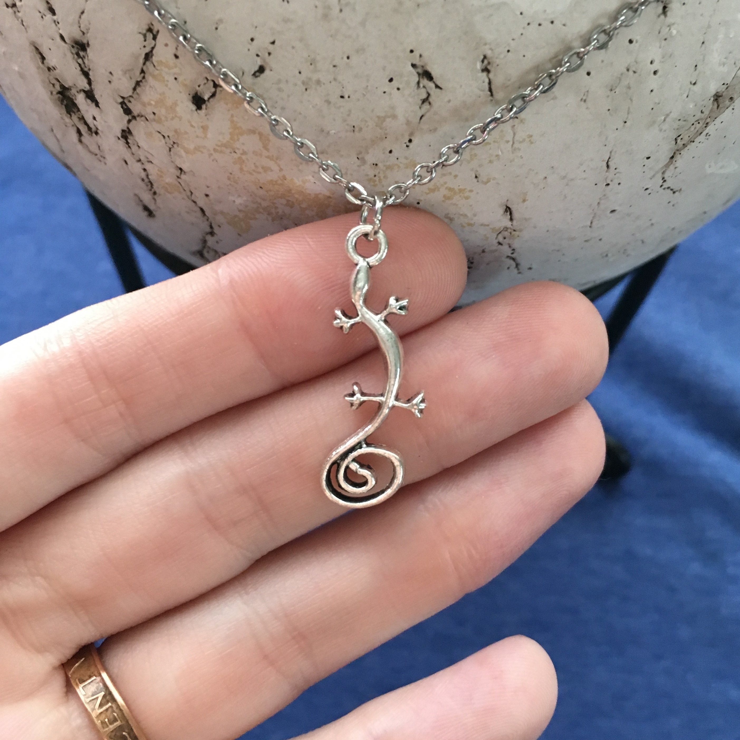 Lizard Necklace Charm on Stainless Steel 18 Cable Chain