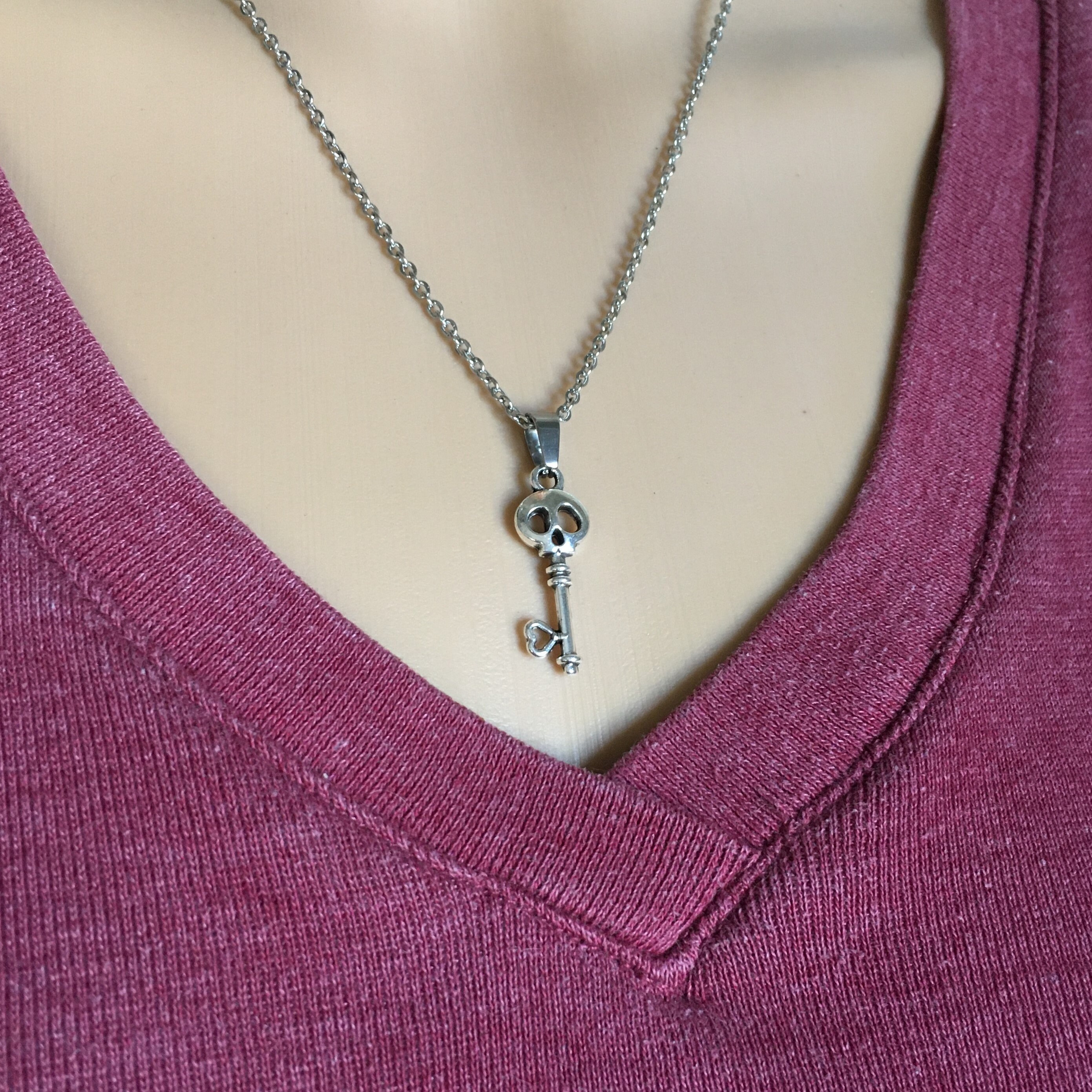 Skull and Heart Skeleton Key Necklace Charm on Stainless Steel - Etsy