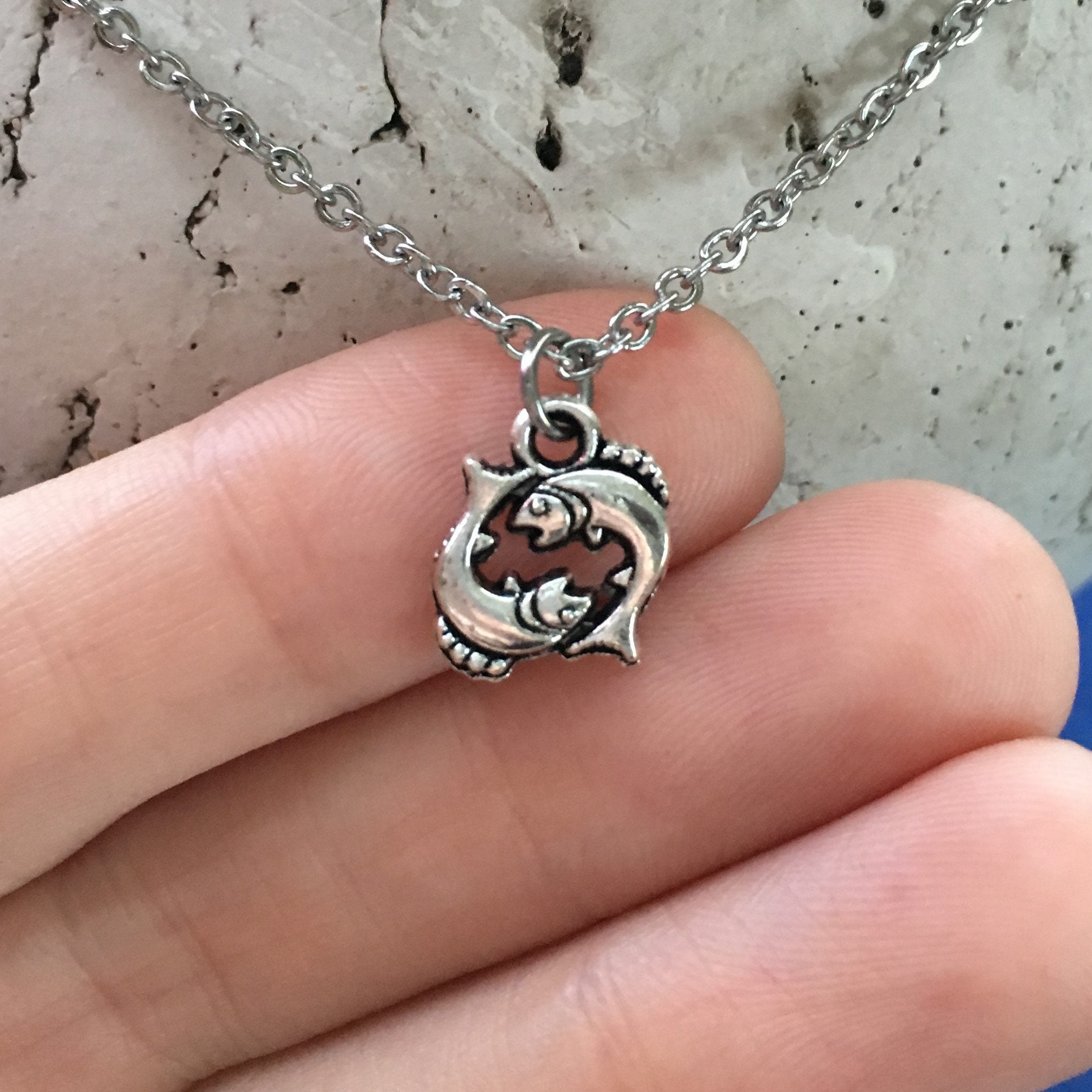 Pisces Zodiac Necklace on Stainless Steel 18 Cable Chain