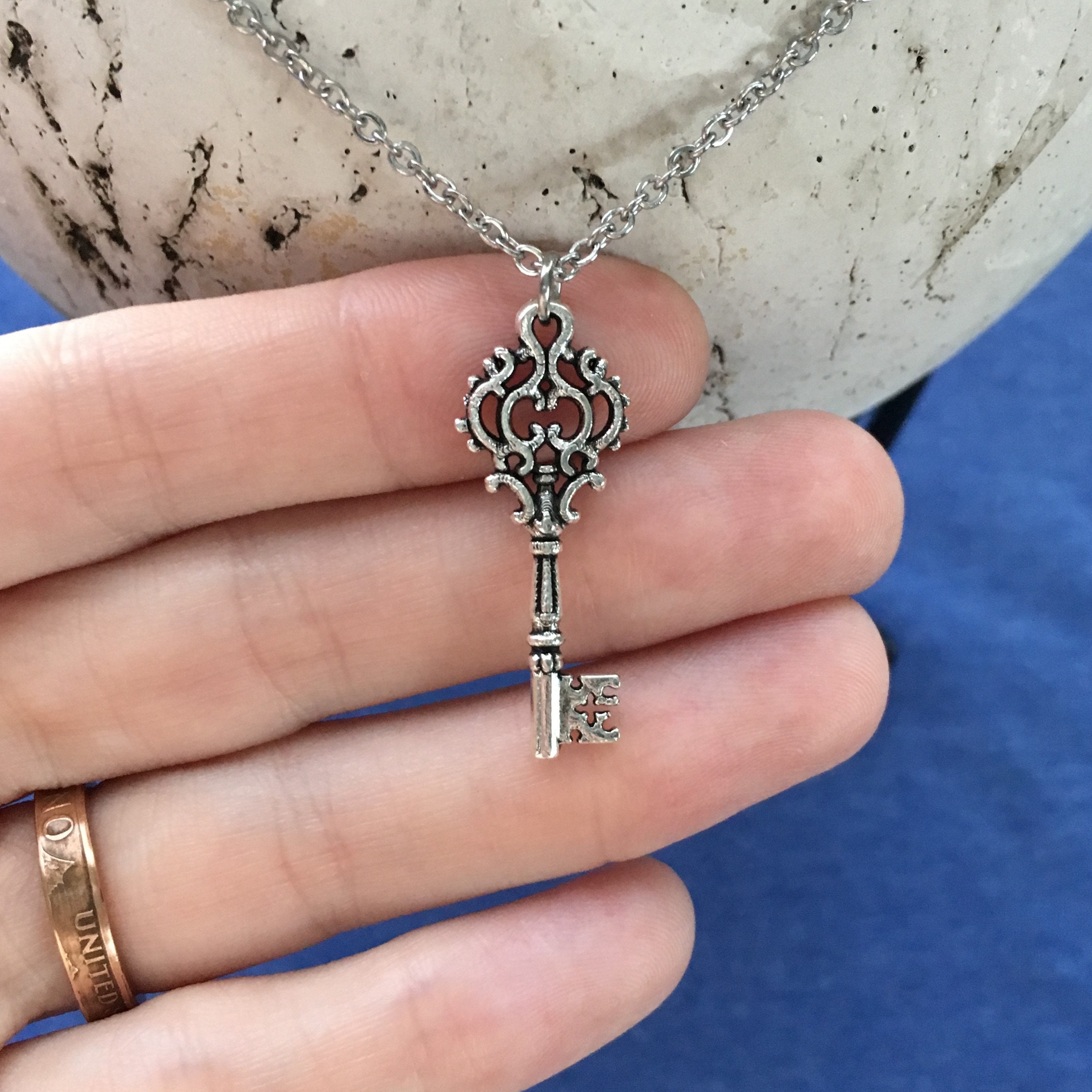 Skeleton Key Necklace Charm on Stainless Steel 18 Cable