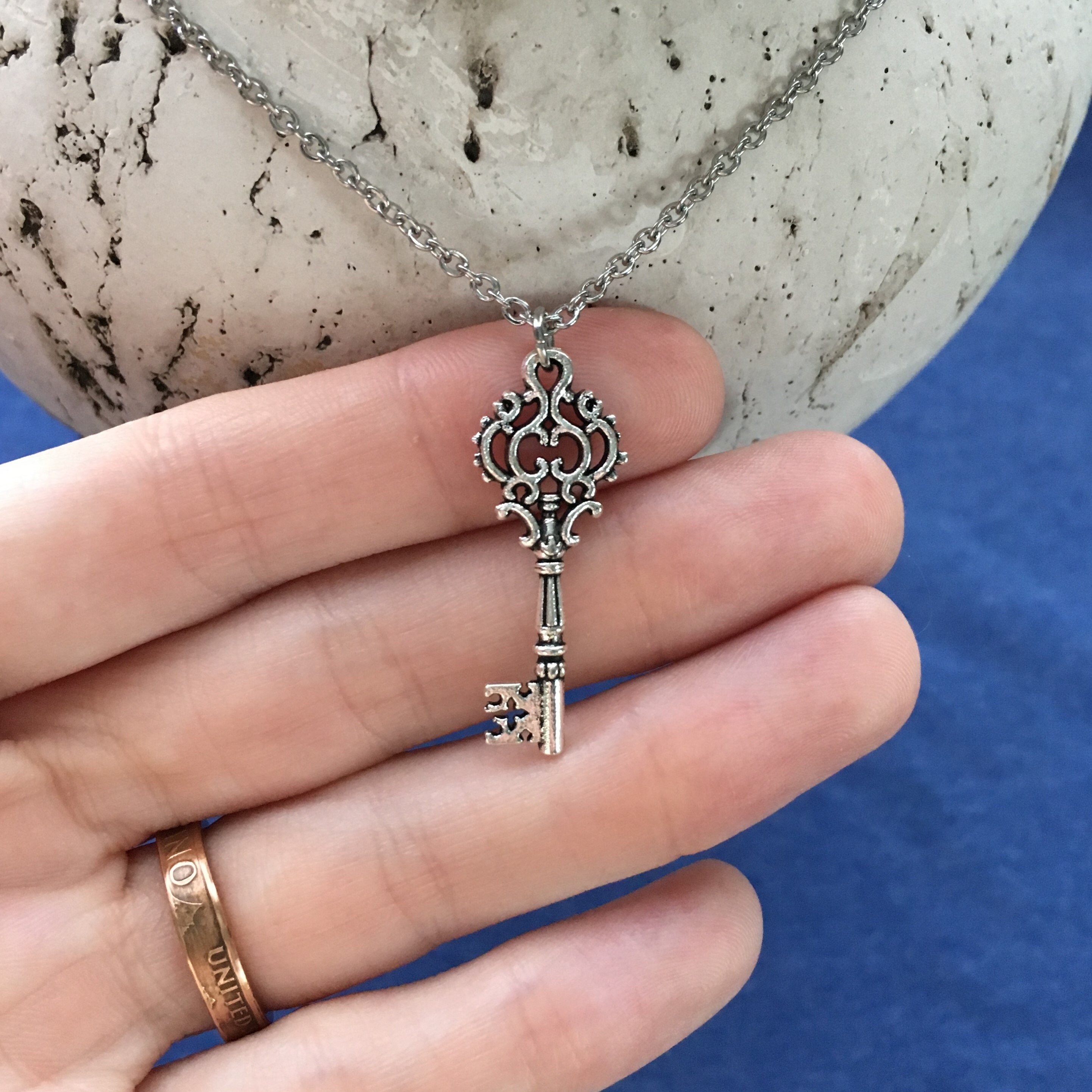 Skeleton Key Necklace Charm on Stainless Steel 18 Cable