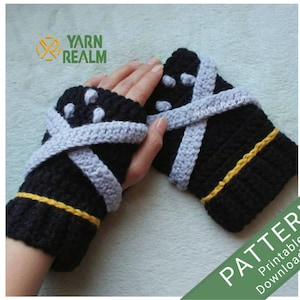 May include: Crochet fingerless gloves with a black, gray, and yellow color scheme. The gloves have a criss-cross pattern and a textured design. The text "PATTERN Printable Download File" is visible in the image.