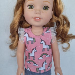 14 "Puppe - Einhorn und Regenbogen Organza Rüschenärmel T-Shirt - passt wie AG Wellie, Glitter Girls, Corolle, etc. - Strickoberteil
